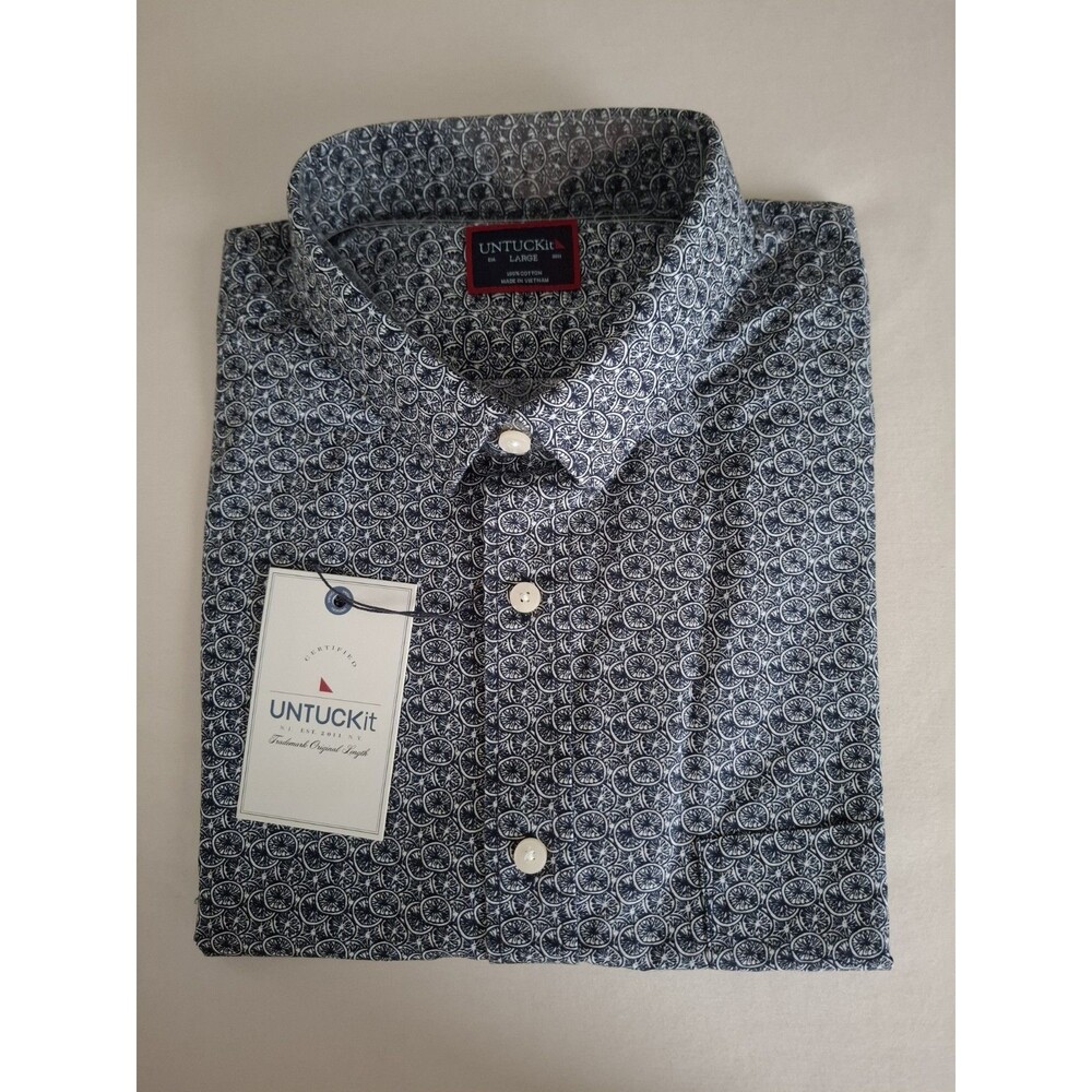 UNTUCKit Tavira Shirt Mens Navy Blue Geometric Print SS Button Up New Sz L